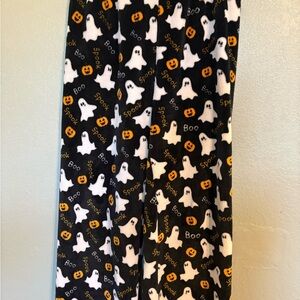 Halloween Ghost Print Fleece Lounge Pants - Black & White with Orange Accents